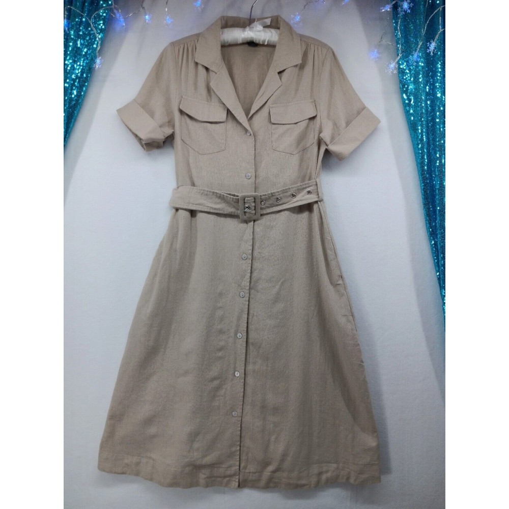 Tahari Linen Explorer Style Button-Up Dress SZ S Belt Pockets Midi Short Sleeve